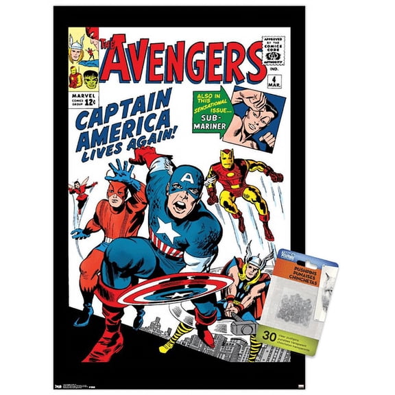 Marvel Comics - Avengers - Captain America - Comic Cover #4 Wall Poster with Push Pins, 14.725" x 22.375"