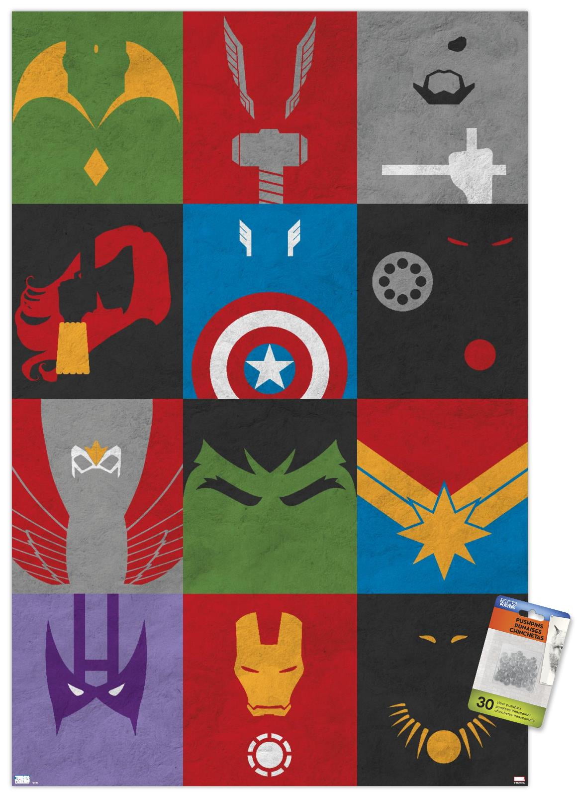 Marvel Comics - Avengers - Minimalist Grid Wall Poster with Push Pins, 22.375" x 34"