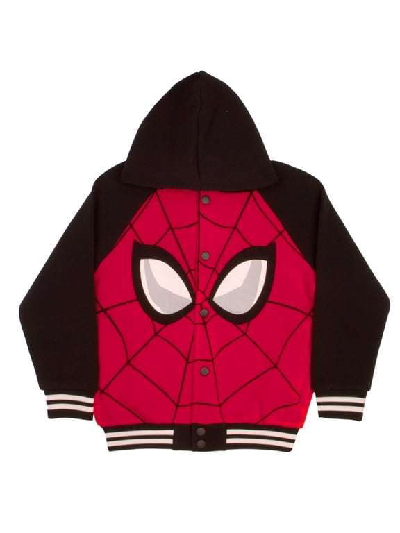 Comics Boys Avengers and Spider-Man Superheroes Button-Up Hooded Varsity Jacket for Kids and Toddlers (Size 4-16)