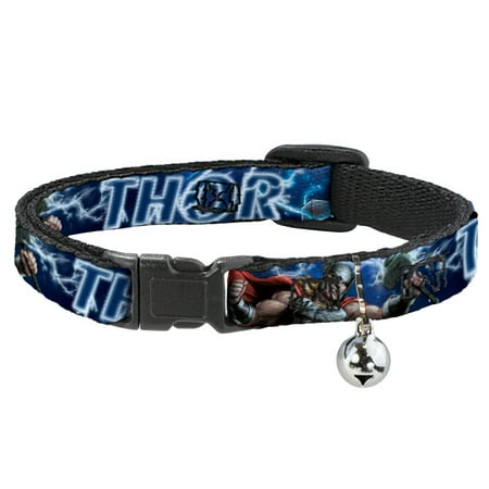 Marvel Comics Breakaway Cat Collar With Bell, Plastic Clip, Easy Adjustable, Avengers Thor Hammer Action Pose Galaxy Blues White, 8.5 to 12 Inches 0.5 Inch Wide