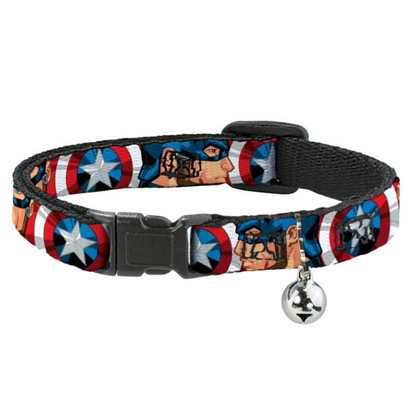 Marvel Comics Breakaway Cat Collar With Bell, Plastic Clip, Easy Adjustable, Captain America Face Turns Shield Close Up, 8.5 to 12 Inches 0.5 Inch Wide