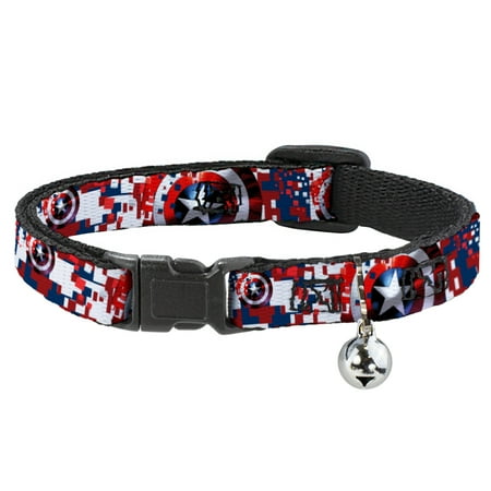 Marvel Comics Breakaway Cat Collar With Bell, Plastic Clip, Easy Adjustable, Captain America Shield Digital Camo Blue White Red, 8.5 to 12 Inches 0.5 Inch Wide