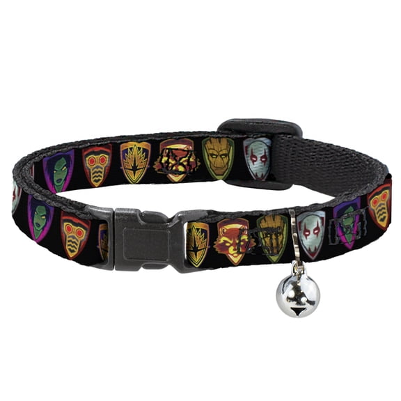 Marvel Comics Breakaway Cat Collar With Bell, Plastic Clip, Easy Adjustable, Guardians of the Galaxy Badge Character Icons Black, 8.5 to 12 Inches 0.5 Inch Wide