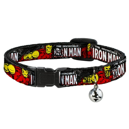 Marvel Comics Breakaway Cat Collar With Bell, Plastic Clip, Easy Adjustable, The Invincible Iron Man Stacked Comic Books Action Poses, 8.5 to 12 Inches 0.5 Inch Wide