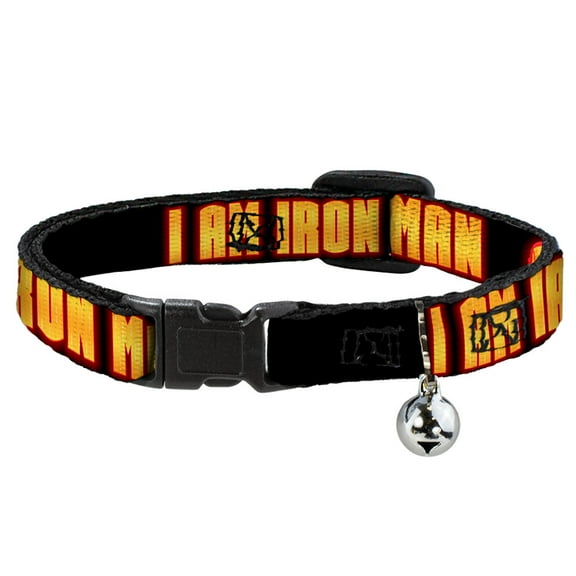 Marvel Comics Breakaway Cat Collar With Bell, Plastic Clip, Easy Adjustable, Iron Man Face I Am Iron Man Black Yellow Glow, 8.5 to 12 Inches 0.5 Inch Wide