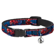 Marvel Comics Breakaway Cat Collar With Bell, Plastic Clip, Easy Adjustable, Spider Man Action Poses Bricks Stripe Blues Red White, 8.5 to 12 Inches 0.5 Inch Wide