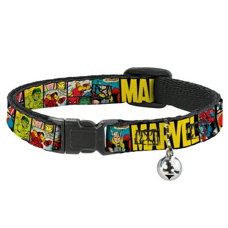 Marvel Comics Breakaway Cat Collar With Bell, Plastic Clip, Easy Adjustable, Marvel Retro Comic Panels Black Yellow, 8.5 to 12 Inches 0.5 Inch Wide