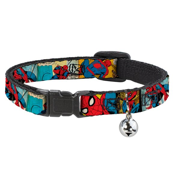 Marvel Comics Breakaway Cat Collar With Bell, Plastic Clip, Easy Adjustable, Spider Man Comic Strip, 8.5 to 12 Inches 0.5 Inch Wide