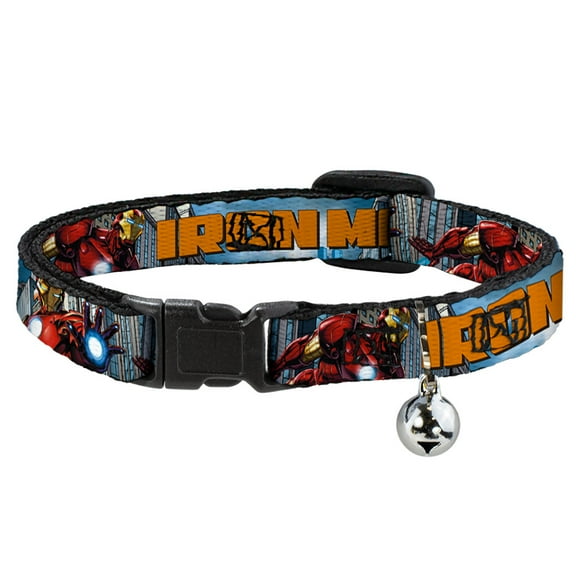 Marvel Comics Cat Collar, Breakaway Collar with Bell, Iron Man Avengers Logo Cityscape, 8.5 to 12 Inches 0.5 Inch Wide