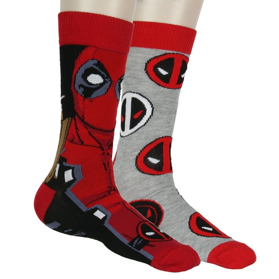Marvel Comics Deadpool Character Face and Logo X-Force Novelty 2 Pack Men's Mid-Calf Knit Crew Socks Shoe Size 6-12