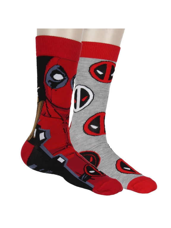 Comics Deadpool Character Face and Logo X-Force Novelty 2 Pack Men's Mid-Calf Knit Crew Socks Shoe Size 6-12