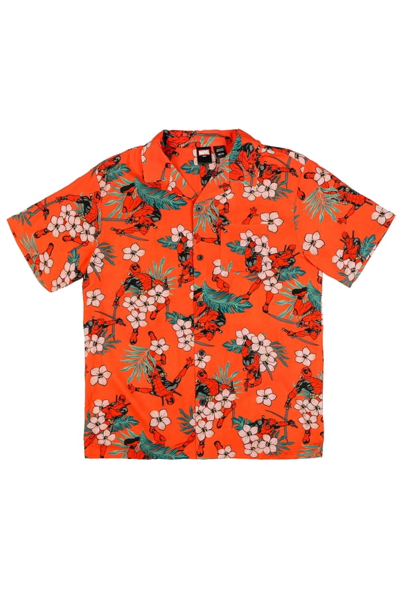 Marvel Comics Deadpool Hawaiian Shirt Men's Tropical Flowers Button Up Woven Top