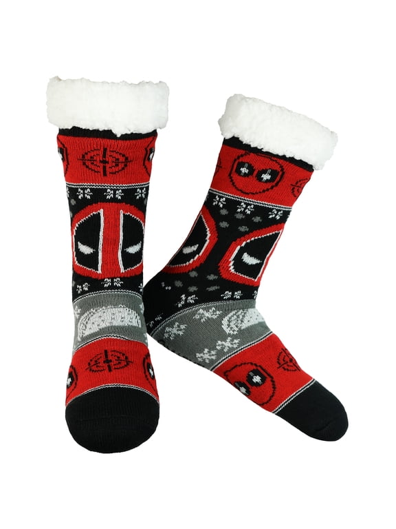 Comics Deadpool Men's Ugly Christmas Sweater Knit Deadpool Tacos Faux Shearling Lined Thick Fuzzy Slipper Socks