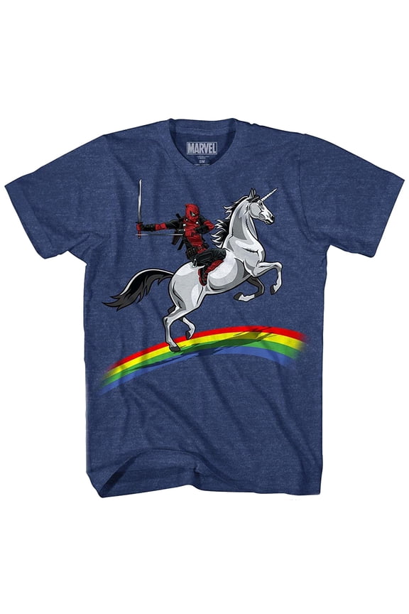 Marvel Comics Deadpool Shirt Deadpool Riding Unicorn On Rainbow T-Shirt (3XL)