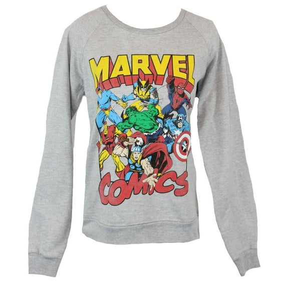 Marvel Comics Girls Juniors Sweatshirt - Slver Age Style Multiple Hero Images (Large)
