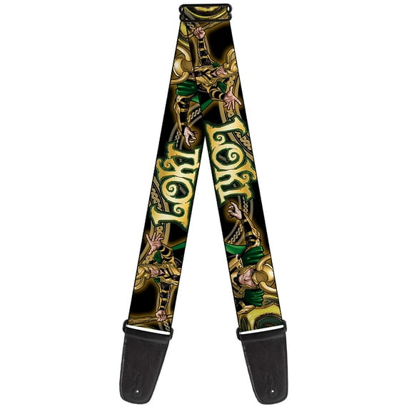 Marvel Comics Guitar Strap, Loki Poses Black Gold Green, 2 Inches Wide