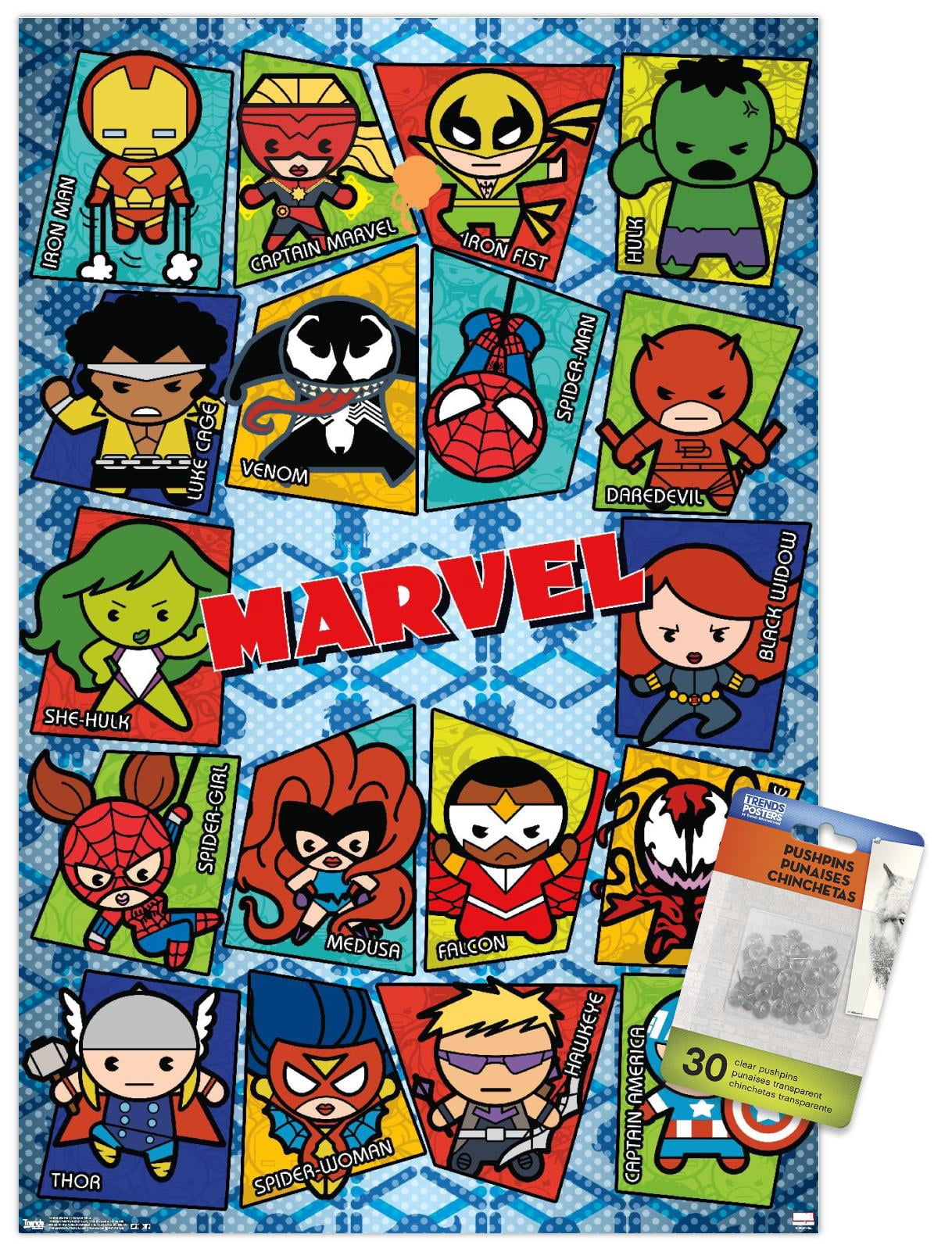 Marvel Comics - Kawaii Grid Wall Poster with Push Pins, 14.725" x 22.375"