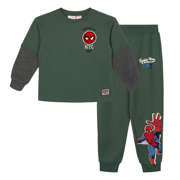 Marvel Comics Little Boys' Fleece 2-Piece Sweatshirt and Pants Set Spider Man Green