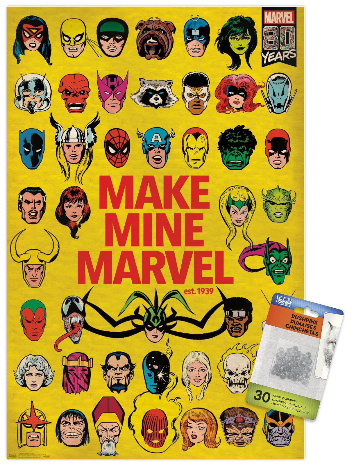 Marvel Comics - Marvel 80th Anniversary - Group Wall Poster with Push Pins, 14.725" x 22.375"