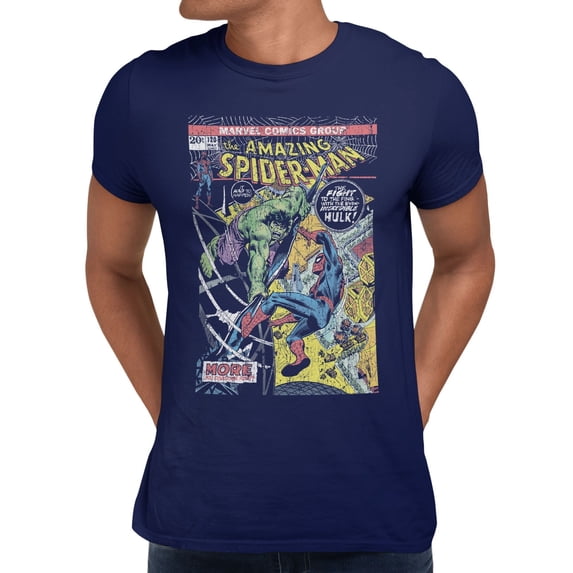 Marvel Comics Cover Hulk Punch Spider-Man Men's T Shirt (Navy, S-3XL)