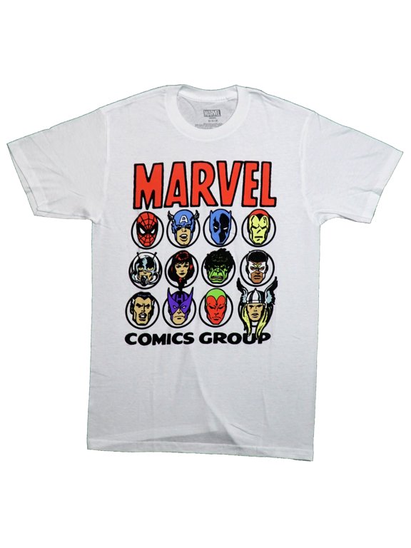 Marvel Comics Mens T-Shirt - 12 Character Retro Head Shots Under Logo (Large)