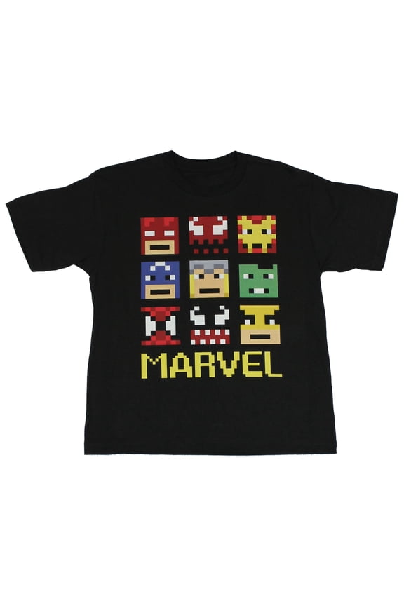 Comics Mens T-Shirt - 9 Pixel Block Style Hero Heads Over Marvel (Small)