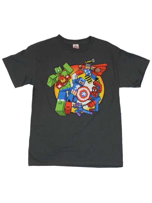 Comics Mens T-Shirt - Block Pixel Action Attacking Heroes Image (Large)