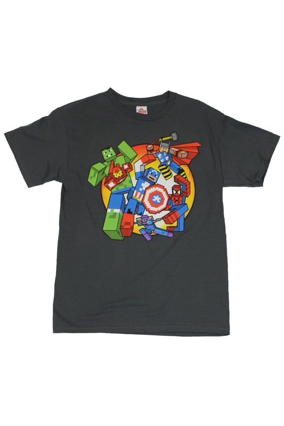 Comics Mens T-Shirt  - Block Pixel Action Attacking Heroes Image (Large)