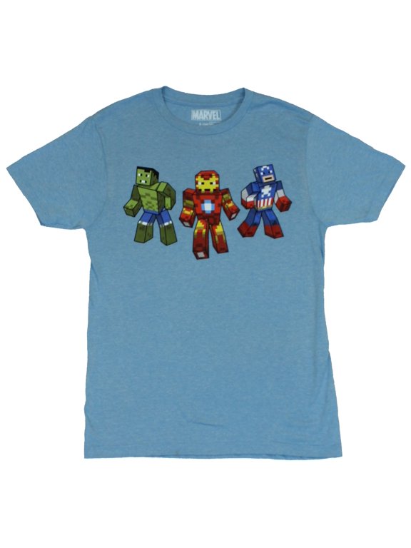 Comics Mens T-Shirt  - Block Pixel Iron Man, Captain America & Hulk (Medium)