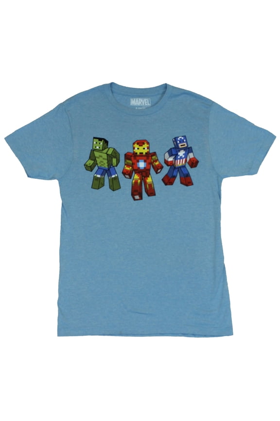 Comics Mens T-Shirt  - Block Pixel Iron Man, Captain America & Hulk (Medium)