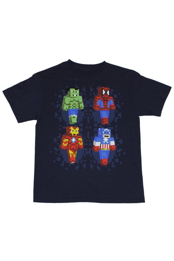 Comics Mens T-Shirt  - Block-Pixel Walking Spidey, Hulk, Iron Man & Cap (Medium)