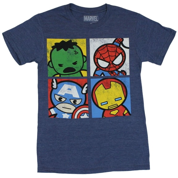 Marvel Comics Mens T-Shirt -  Four Boxes Cutesy Hulk Spider-Man Cap & Iron Man (X-Small)