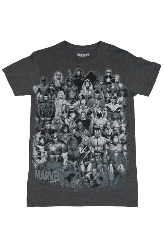 Comics Mens T-Shirt - Giant Cast of Marvel Heroes In Grayscale Image (Small)