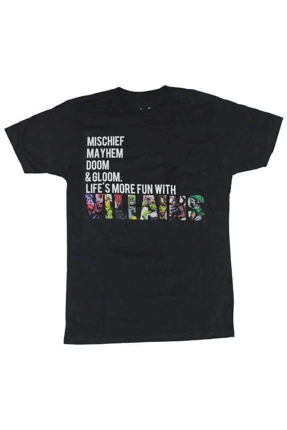 Comics Mens T-Shirt - Mischief Mayhem Doom Gloom More Fun with Villains (Small)