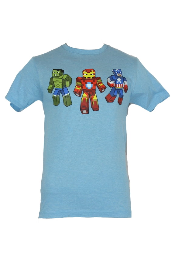 Comics Mens T-Shirt - Pixel Block Iron Man Captain America & Hulk (Small)