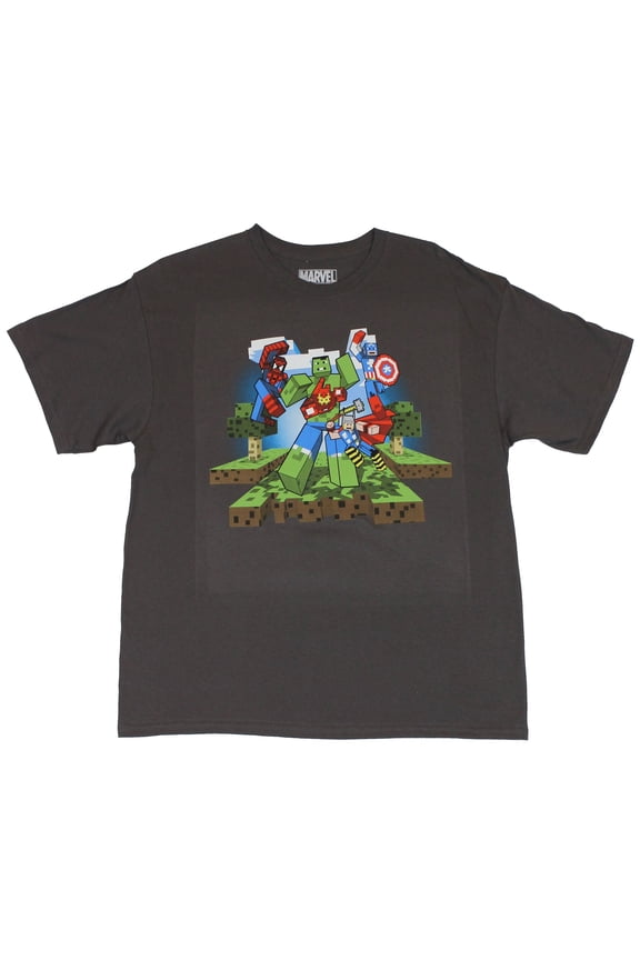 Comics Mens T-Shirt -  Pixel Block Style Attack Avengers & Spider-Man (Large)