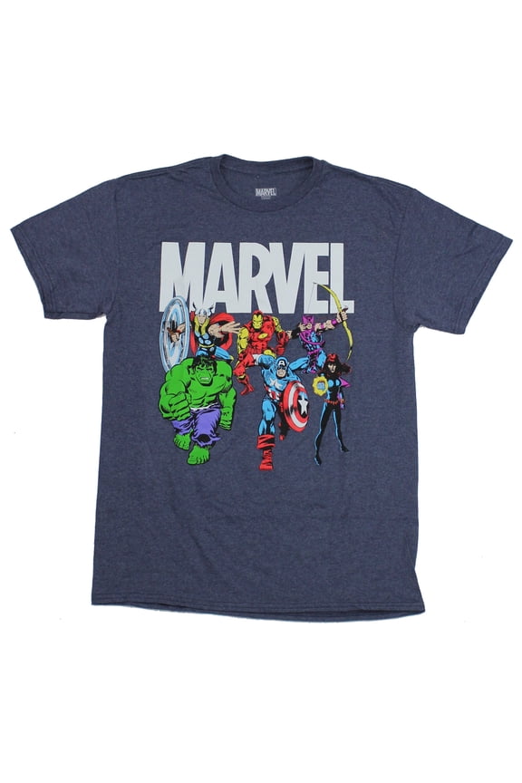 Marvel Comics Mens T-Shirt - Rushing Heroes Under Logo Image (Medium)