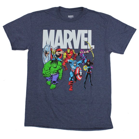 Marvel Comics Mens T-Shirt - Rushing Heroes Under Logo Image (Medium)