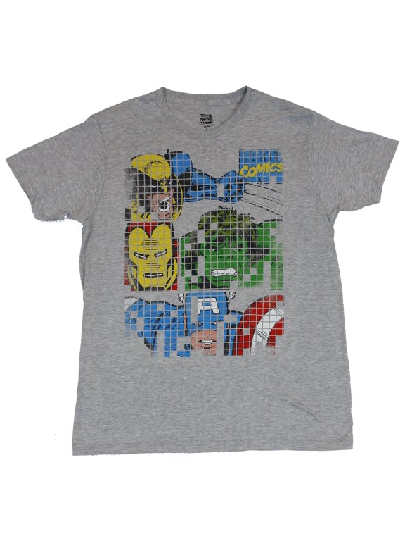 Comics Mens T-Shirt - Wolverine Iron Man Hulk & Cap Gridwork Image (Large)