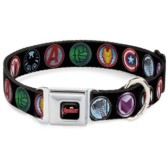 Marvel Comics Pet Collar, Dog Collar Metal Seatbelt Buckle, Avenger Icons Black Multi Color, 9.5 to 13 Inches 1.0 Inch Wide
