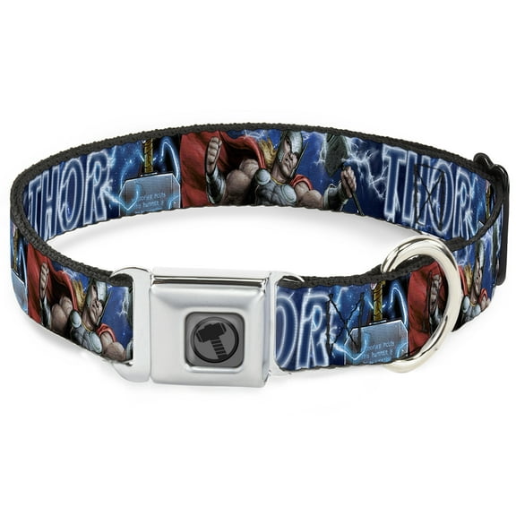 Marvel Comics Pet Collar, Dog Collar Metal Seatbelt Buckle, Avengers Thor Hammer Action Pose Galaxy Blues White, 9.5 to 13 Inches 1.0 Inch Wide