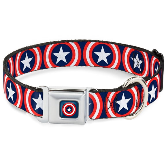 Marvel Comics Pet Collar, Dog Collar Metal Seatbelt Buckle, Captain America Shield Repeat Navy, 13 to 17 Inches 1.5 Inch Wide