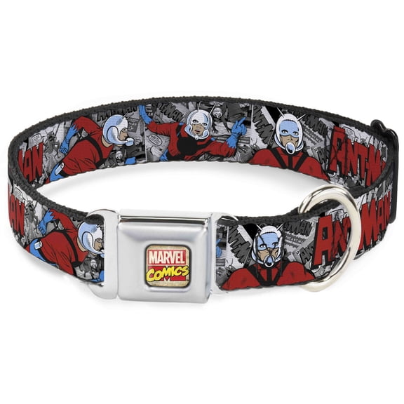 Marvel Comics Pet Collar, Dog Collar Metal Seatbelt Buckle, Classic Ant Man Poses Comic Stacked Grays Black Red, 20 to 31 Inches 1.5 Inch Wide