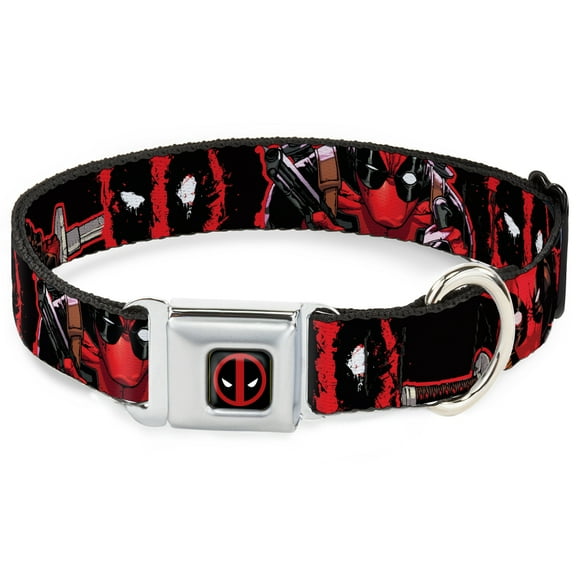 Marvel Comics Pet Collar, Dog Collar Metal Seatbelt Buckle, Deadpool Action Poses Splatter Logo Black Red White, 9.5 to 13 Inches 1.0 Inch Wide