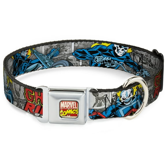 Marvel Comics Pet Collar, Dog Collar Metal Seatbelt Buckle, Ghost Rider Riding Poses Comic Blocks Gray Yellow Black Red, 9.5 to 13 Inches 1.0 Inch Wide