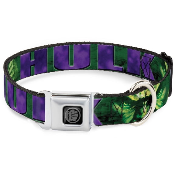Marvel Comics Pet Collar, Dog Collar Metal Seatbelt Buckle, Hulk Face Close Up Action Pose Greens Purples, 20 to 31 Inches 1.5 Inch Wide