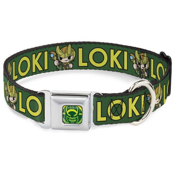 Marvel Comics Pet Collar, Dog Collar Metal Seatbelt Buckle, Kawaii Loki Standing Pose Text Green Yellow, 11 to 16.5 Inches 1.0 Inch Wide
