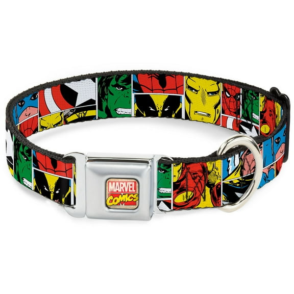 Marvel Comics Pet Collar, Dog Collar Metal Seatbelt Buckle, Marvel Superhero Comic Blocks, 9.5 to 13 Inches 1.0 Inch Wide