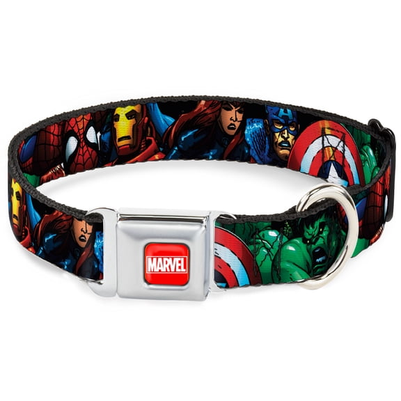 Marvel Comics Pet Collar, Dog Collar Metal Seatbelt Buckle, Marvel Universe Superheroes Stacked, 9.5 to 13 Inches 1.0 Inch Wide