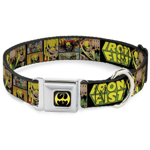 Marvel Comics Pet Collar, Dog Collar Metal Seatbelt Buckle, Retro Iron Fist Action Pose Comic Scene Black Green Yellow, 9.5 to 13 Inches 1.0 Inch Wide